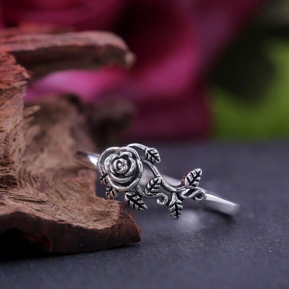 Women's Tiny Rose Flower Silver Ring Stacking Minimalist Personalized - Picture 6 of 8